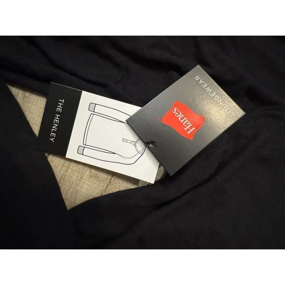 Hanes Men's Large L Black Long Sleeve Henley Pajama Lounge Tee NWT Ribbed Modal - Picture 7 of 7
